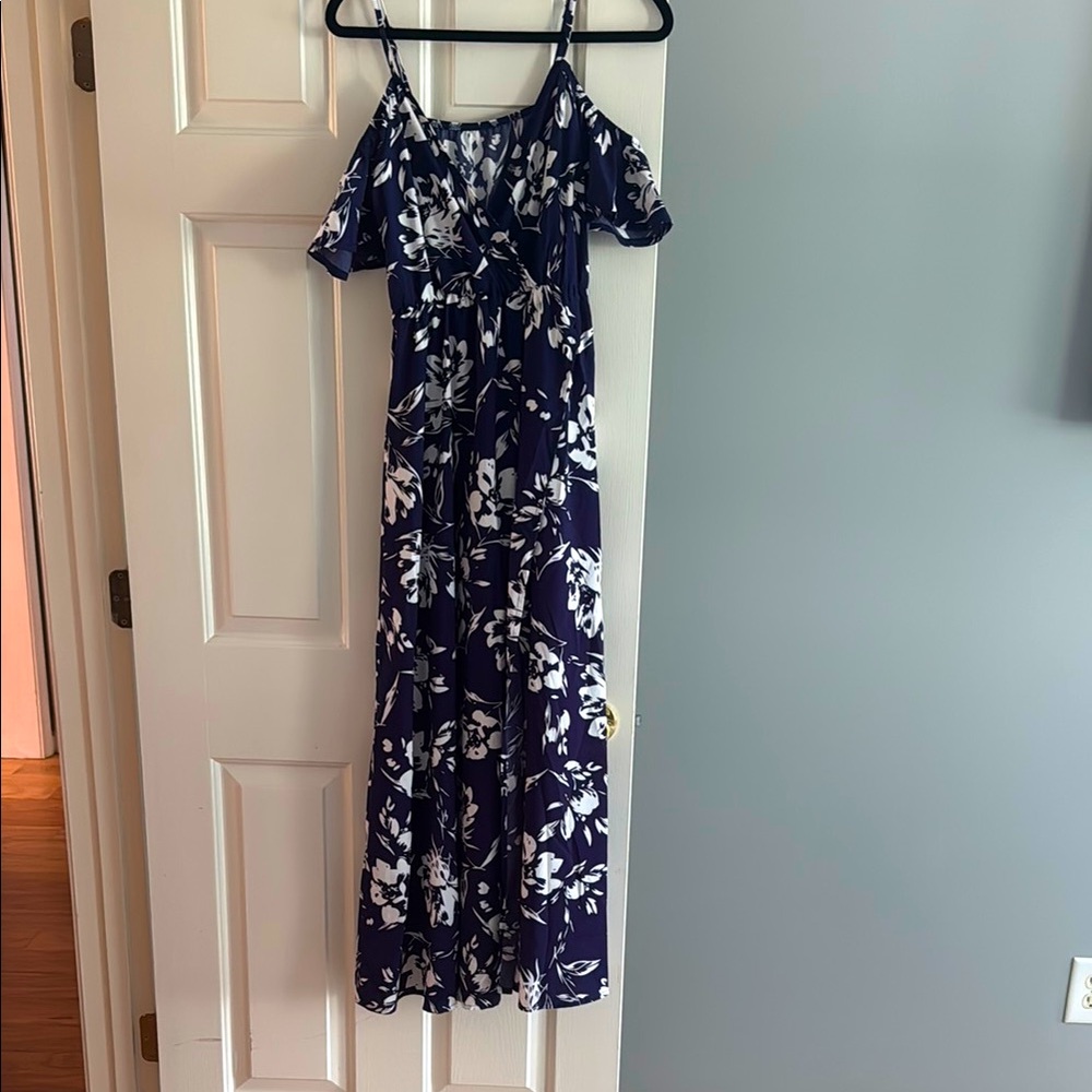 Blue and White Cold Shoulder Maxi Sundress for Wedding Guest